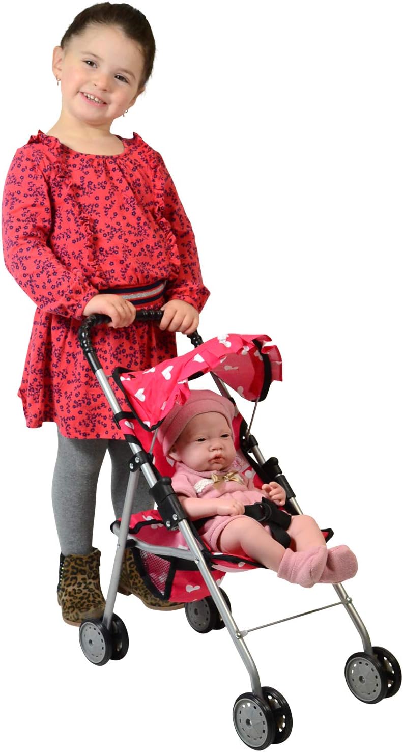 The New York Doll Collection My First Doll Stroller with Basket & Heart Design Foldable Doll Stroller, Pink - Image 3