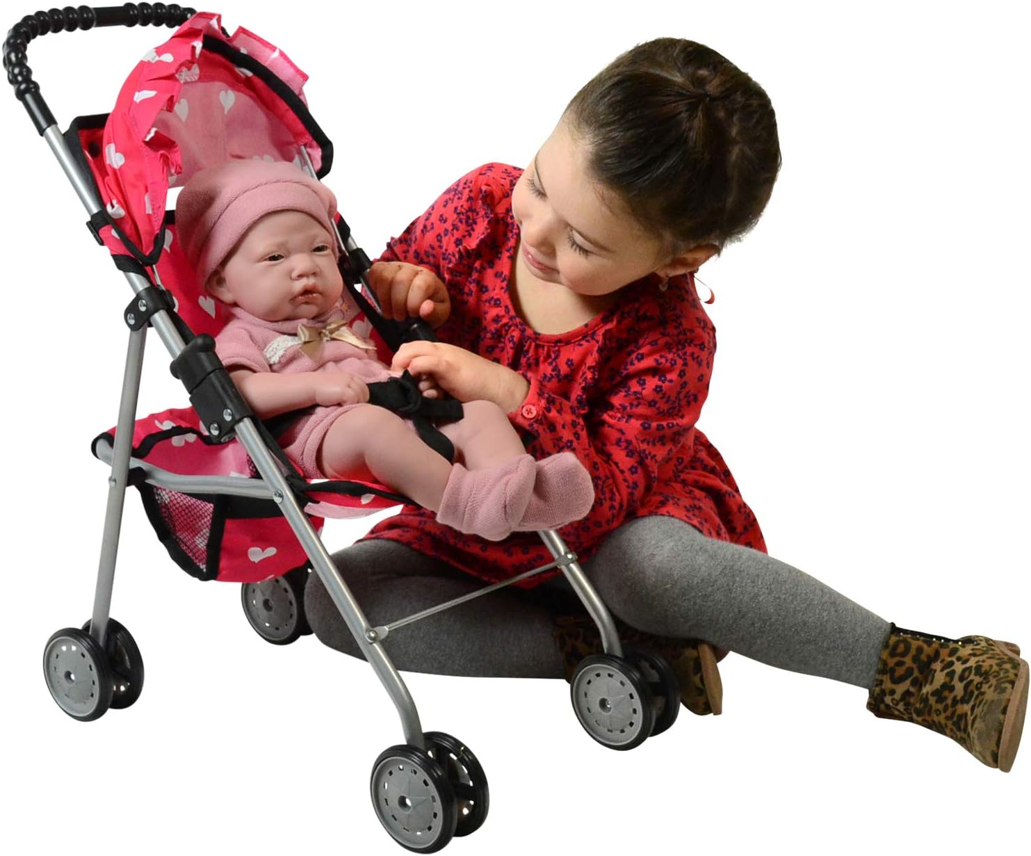 The New York Doll Collection My First Doll Stroller with Basket & Heart Design Foldable Doll Stroller, Pink - Image 4