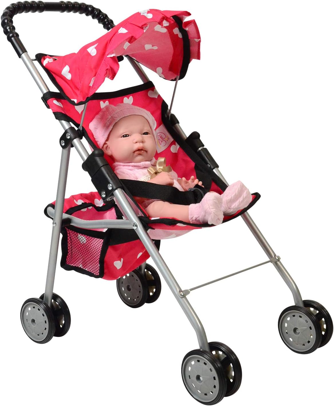 The New York Doll Collection My First Doll Stroller with Basket & Heart Design Foldable Doll Stroller, Pink - Image 6