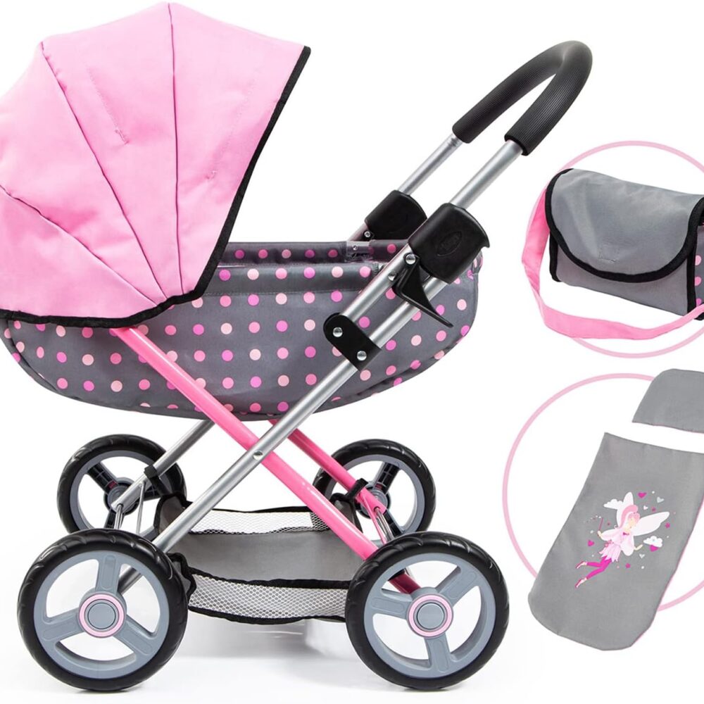 Bayer Doll Pram Carriage, Foldable Toy Stroller for Dolls up to 18 in | Includes matching blanket, pillow & handbag. Grey & pink fairy polka dot design with stable wheels for indoor/outdoor play