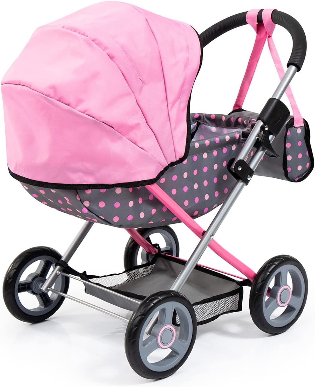 Bayer Doll Pram Carriage, Foldable Toy Stroller for Dolls up to 18 in | Includes matching blanket, pillow & handbag. Grey & pink fairy polka dot design with stable wheels for indoor/outdoor play - Image 2