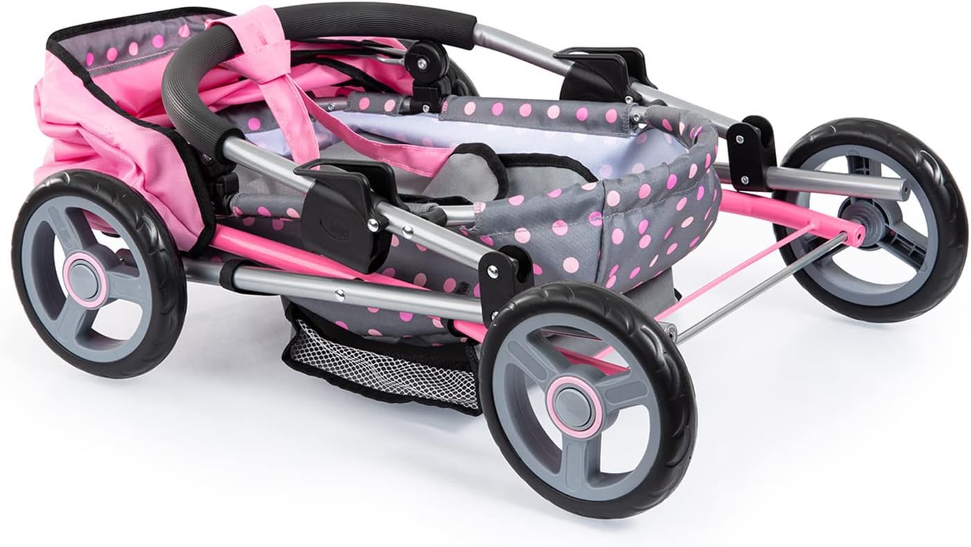Bayer Doll Pram Carriage, Foldable Toy Stroller for Dolls up to 18 in | Includes matching blanket, pillow & handbag. Grey & pink fairy polka dot design with stable wheels for indoor/outdoor play - Image 3