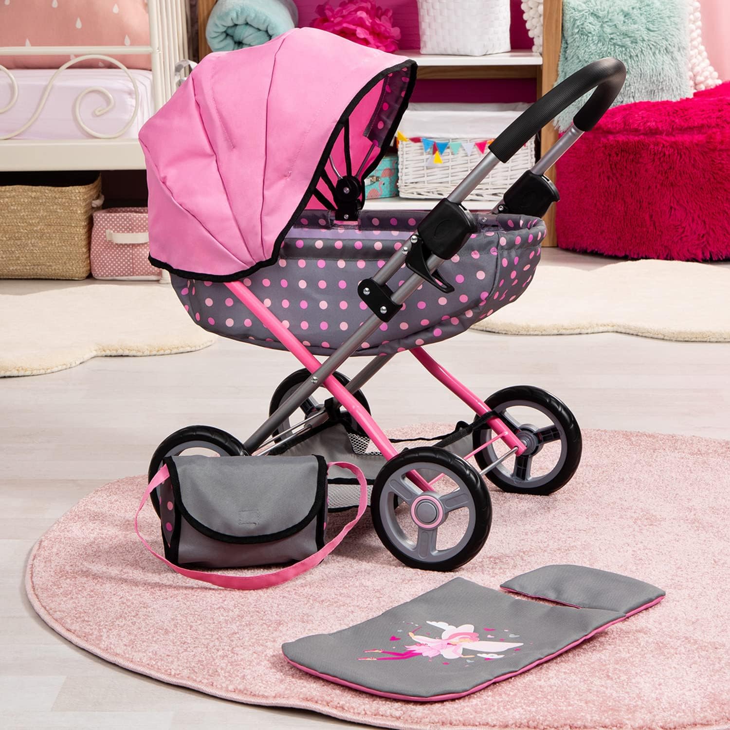 Bayer Doll Pram Carriage, Foldable Toy Stroller for Dolls up to 18 in | Includes matching blanket, pillow & handbag. Grey & pink fairy polka dot design with stable wheels for indoor/outdoor play - Image 6