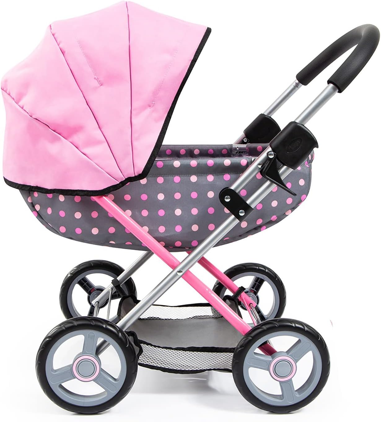 Bayer Doll Pram Carriage, Foldable Toy Stroller for Dolls up to 18 in | Includes matching blanket, pillow & handbag. Grey & pink fairy polka dot design with stable wheels for indoor/outdoor play - Image 7