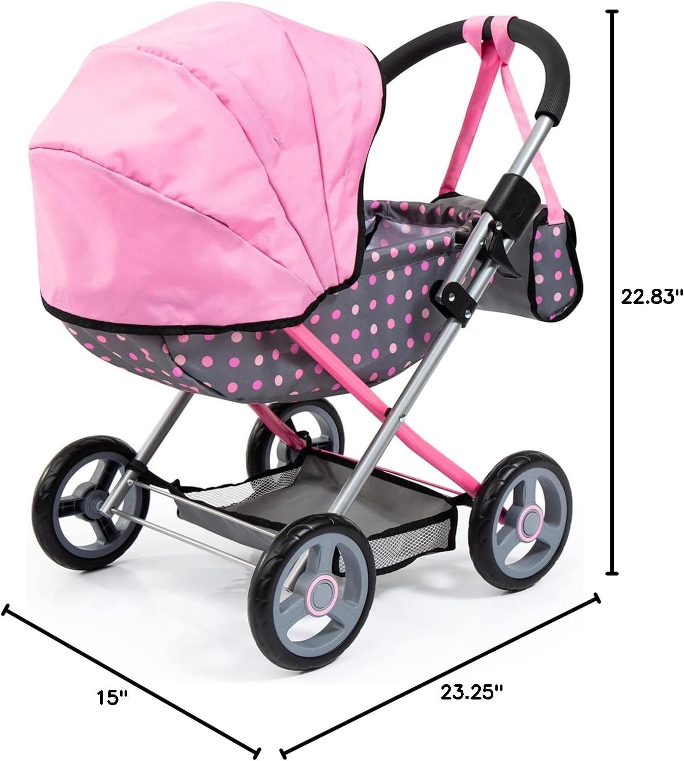 Bayer Doll Pram Carriage, Foldable Toy Stroller for Dolls up to 18 in | Includes matching blanket, pillow & handbag. Grey & pink fairy polka dot design with stable wheels for indoor/outdoor play - Image 8