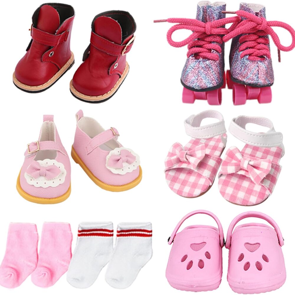 18 inch Doll Shoes - 5 Pairs of Different Types (Boots/Roller Skates/Sandals/Clogs) + 2 Pairs of Pink/White Socks 18 in Doll Accessories 18‘’Pink American Doll Accessories