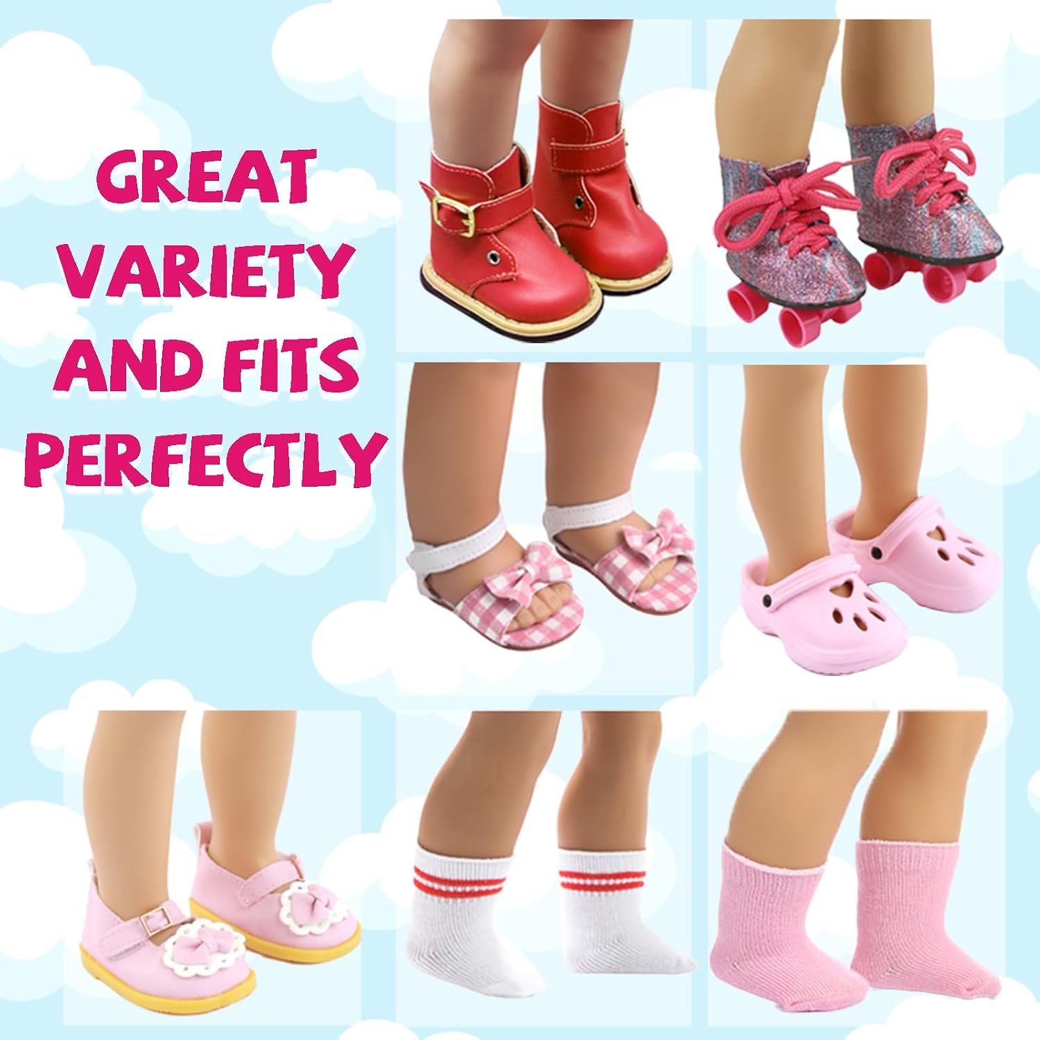 18 inch Doll Shoes - 5 Pairs of Different Types (Boots/Roller Skates/Sandals/Clogs) + 2 Pairs of Pink/White Socks 18 in Doll Accessories 18‘’Pink American Doll Accessories - Image 3