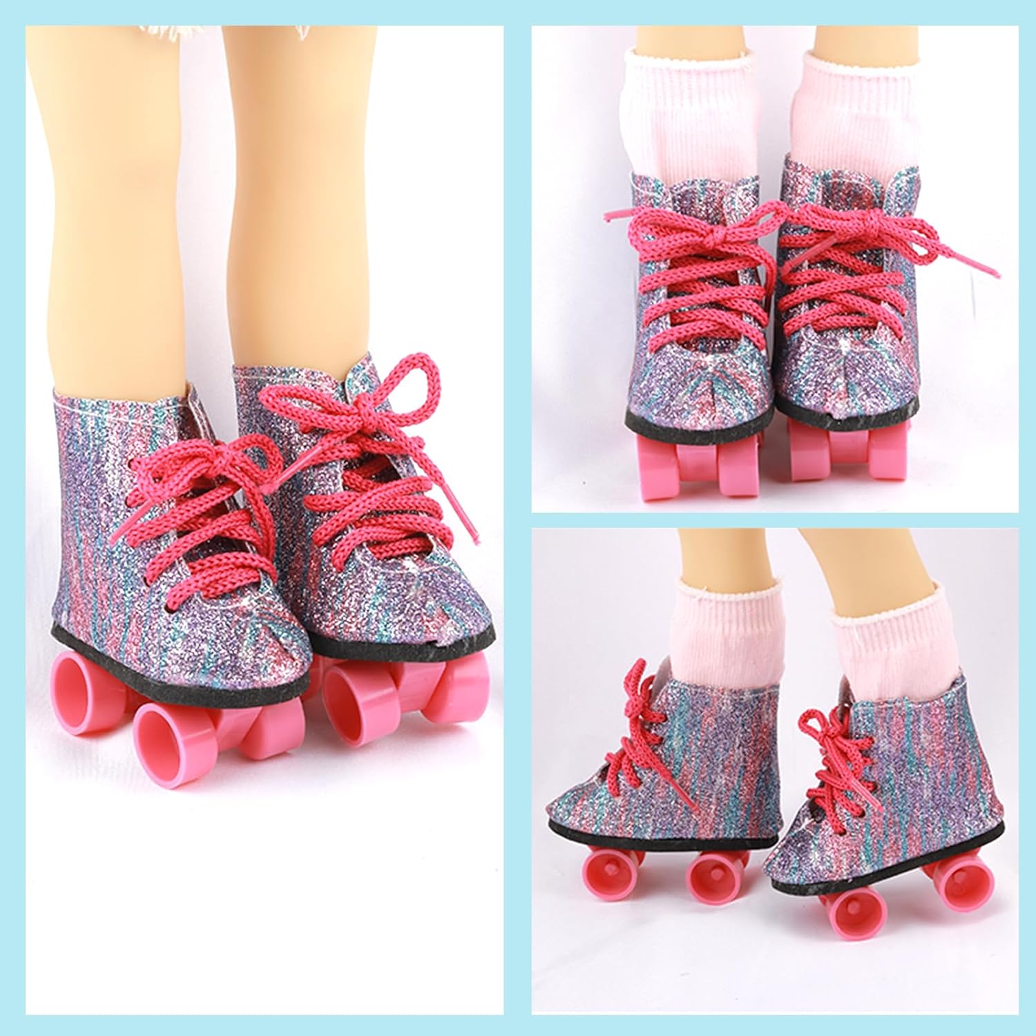 18 inch Doll Shoes - 5 Pairs of Different Types (Boots/Roller Skates/Sandals/Clogs) + 2 Pairs of Pink/White Socks 18 in Doll Accessories 18‘’Pink American Doll Accessories - Image 5