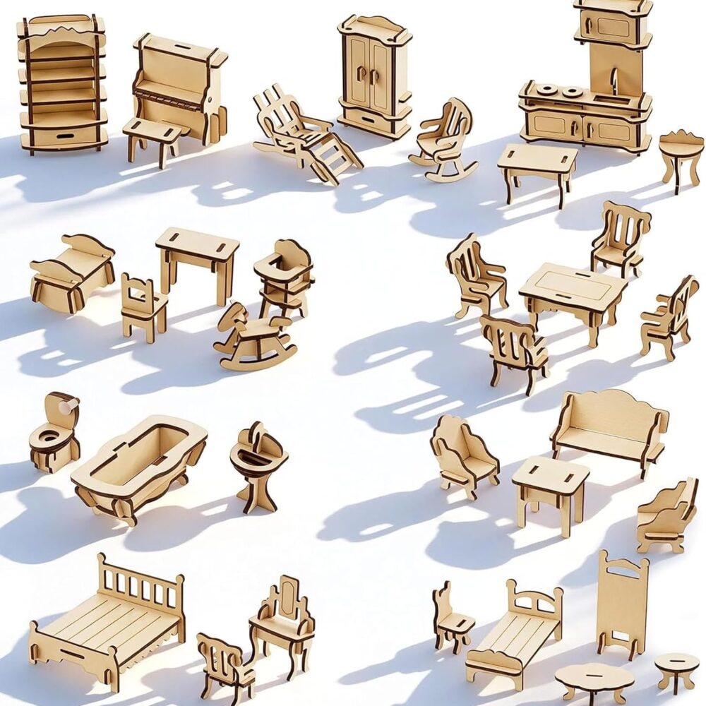 LOVEINUSA 34PCS Wooden Dollhouse Furniture Set, 1:20 Scale | Miniature Furniture for Kitchen, Living Room, Bathroom. STEM Classroom Educational Toy for DIY Crafts and Creative Building