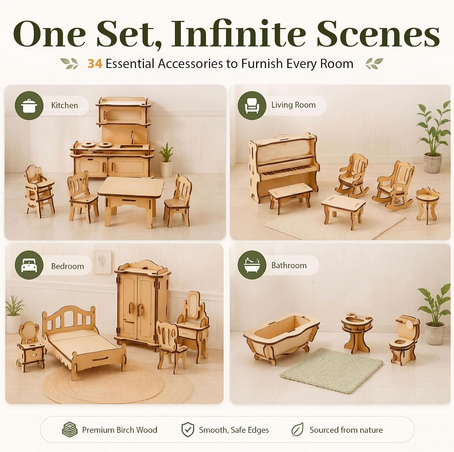 LOVEINUSA 34PCS Wooden Dollhouse Furniture Set, 1:20 Scale | Miniature Furniture for Kitchen, Living Room, Bathroom. STEM Classroom Educational Toy for DIY Crafts and Creative Building - Image 3