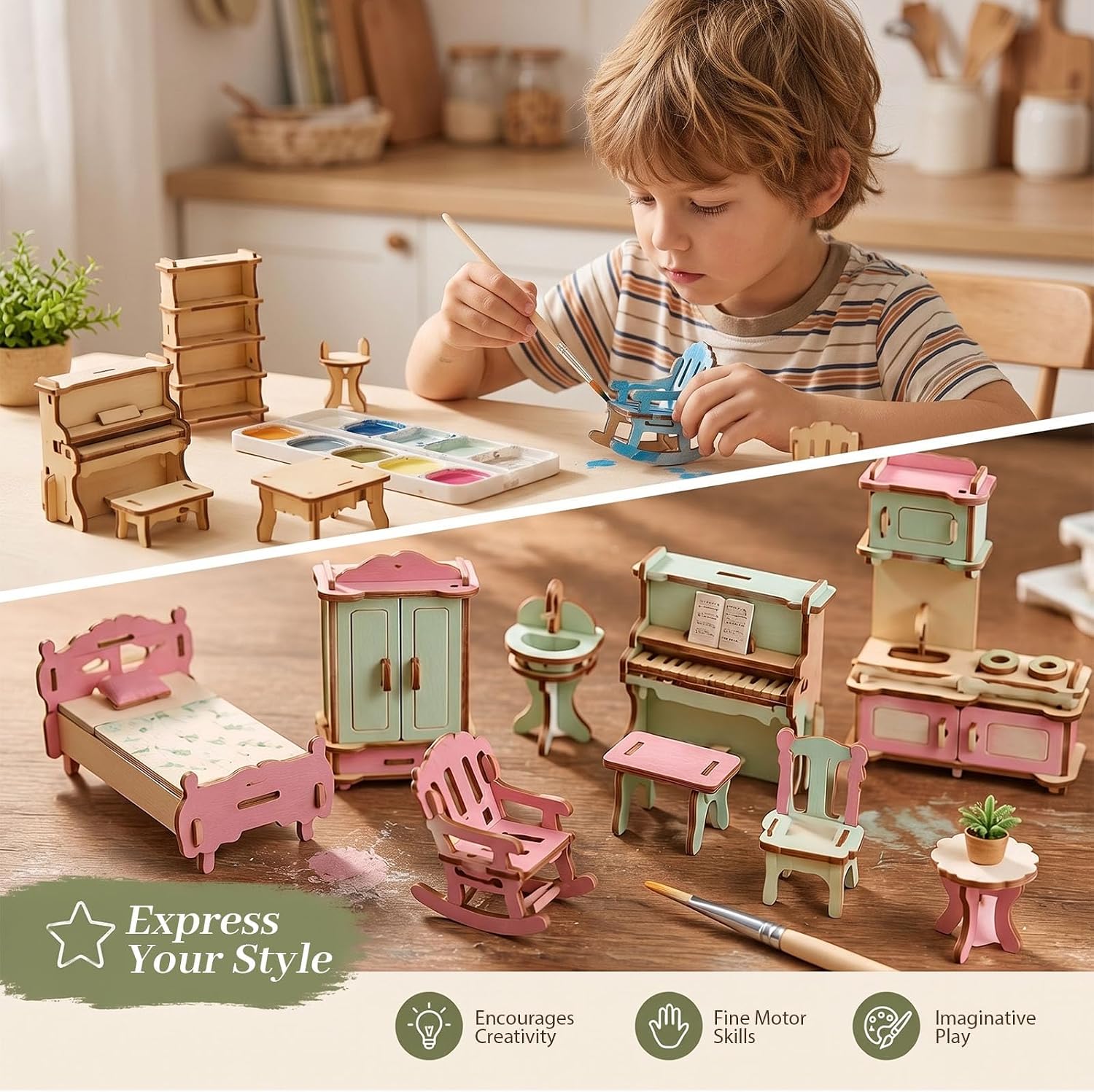LOVEINUSA 34PCS Wooden Dollhouse Furniture Set, 1:20 Scale | Miniature Furniture for Kitchen, Living Room, Bathroom. STEM Classroom Educational Toy for DIY Crafts and Creative Building - Image 4