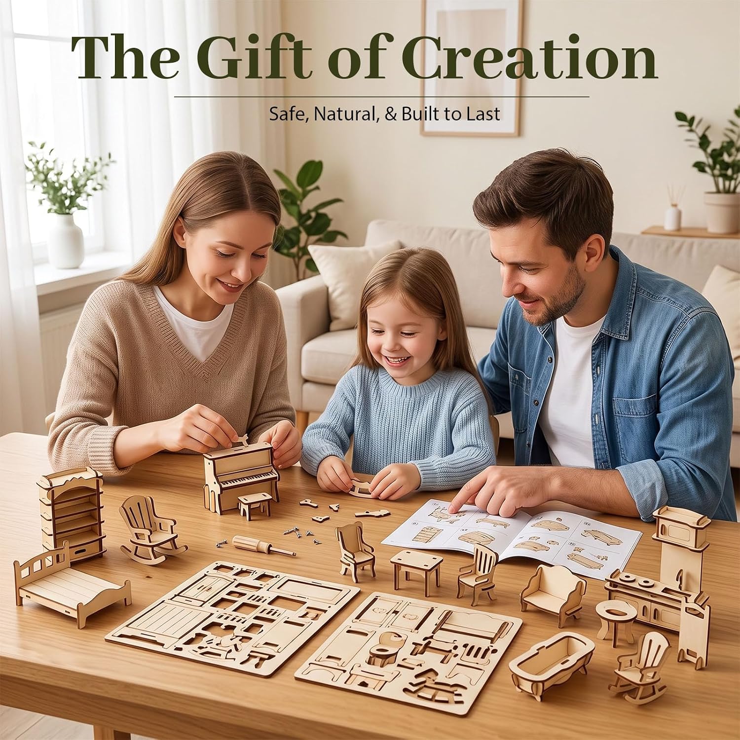 LOVEINUSA 34PCS Wooden Dollhouse Furniture Set, 1:20 Scale | Miniature Furniture for Kitchen, Living Room, Bathroom. STEM Classroom Educational Toy for DIY Crafts and Creative Building - Image 6