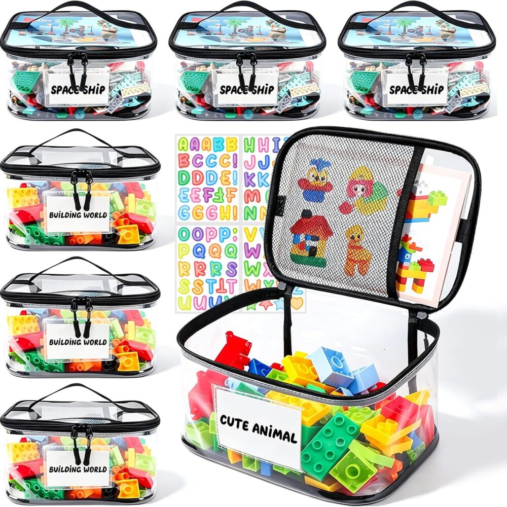 Tesuko 6 Pack Clear Toy Storage Bag with Name Tag& Manual Pocket, Waterproof Transparent PVC Toy Organizer Case for Lego Bricks, Board Games, Building Blocks, Puzzles (Large Capacity, Black)