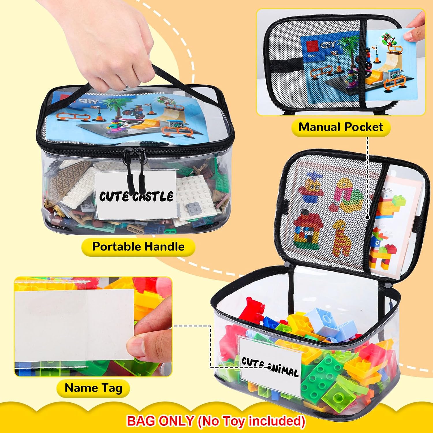 Tesuko 6 Pack Clear Toy Storage Bag with Name Tag& Manual Pocket, Waterproof Transparent PVC Toy Organizer Case for Lego Bricks, Board Games, Building Blocks, Puzzles (Large Capacity, Black) - Image 3