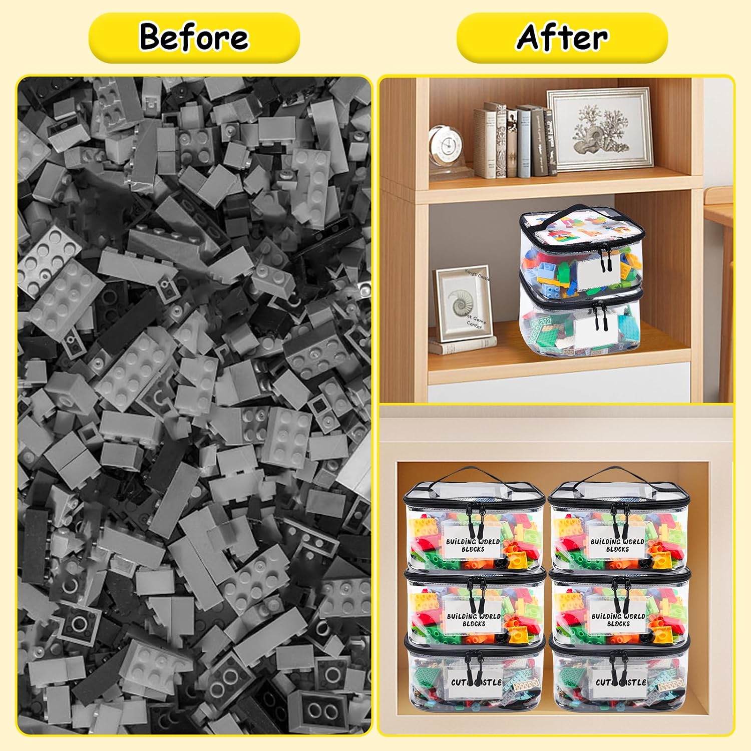 Tesuko 6 Pack Clear Toy Storage Bag with Name Tag& Manual Pocket, Waterproof Transparent PVC Toy Organizer Case for Lego Bricks, Board Games, Building Blocks, Puzzles (Large Capacity, Black) - Image 6