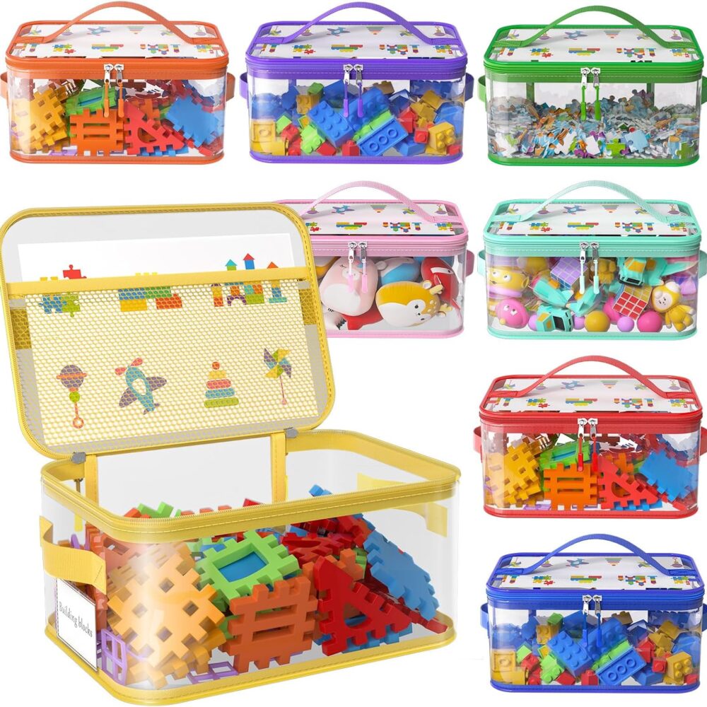 8 Packs Large Clear Toy Storage Bags with Double Zipper & Handles, L | Name Tag, Manual Pocket, Transparent PVC, Waterproof Dustproof, Space-saving, Portability for Building Blocks, Puzzle, Travel